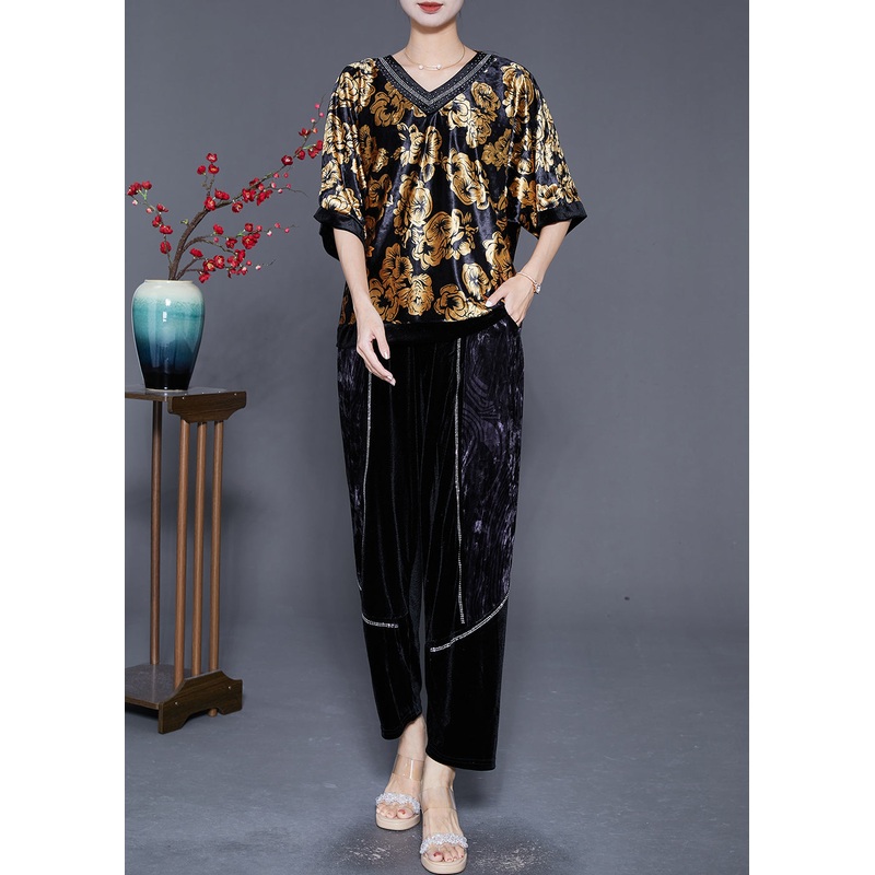 DIY Golden Floral Oversized Zircon Silk Velour Two Pieces Set Summer