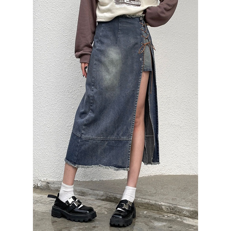 Fashion Blue Open Lace Up Patchwork Denim Skirt Summer