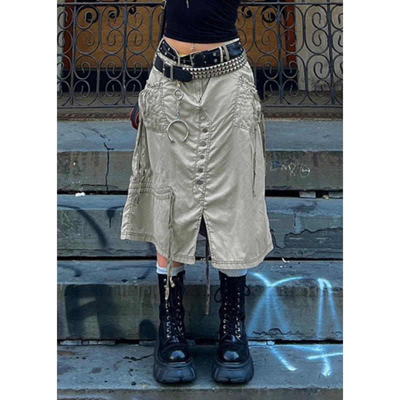 Fashion Grey Pockets Cinched Patchwork Cotton Skirts Summer