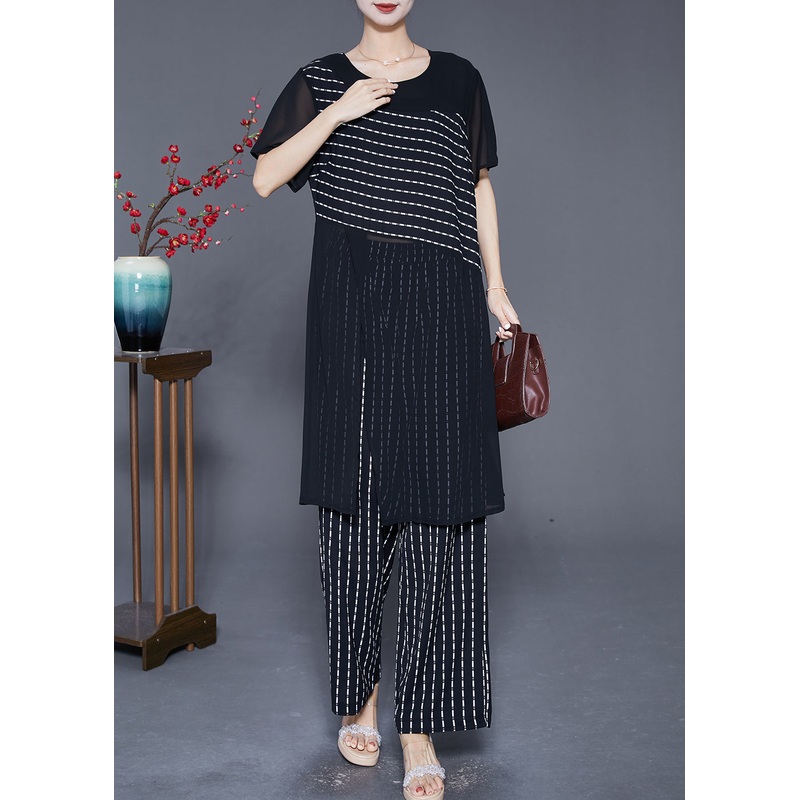 French Black Striped Side Open Chiffon Two Pieces Set Summer