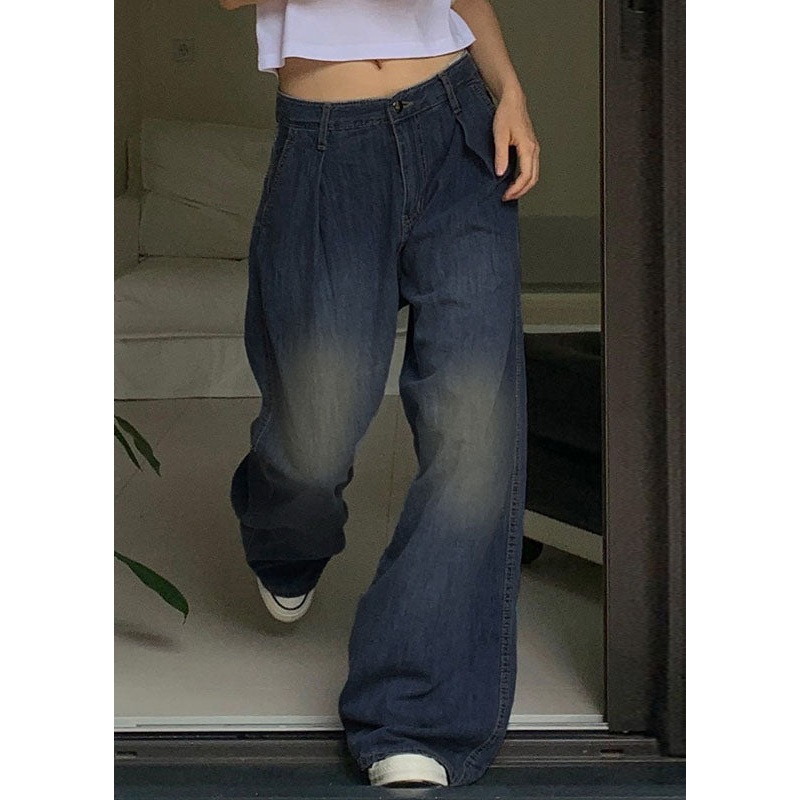 French Blue Pockets Patchwork Denim Wide Leg Pants Fall