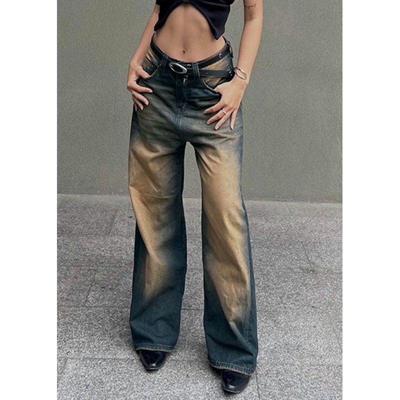 French Gradient Color Pockets Patchwork Denim Straight Pants Summer