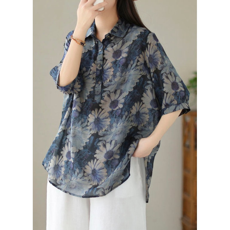 Italian Blue Peter Pan Collar Print Patchwork Cotton Blouses Summer
