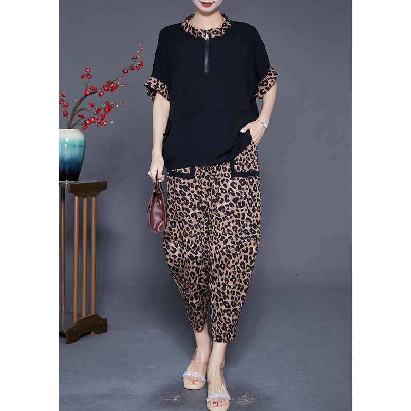 Italian Zip Up Patchwork Leopard Cotton Two Pieces Set Summer