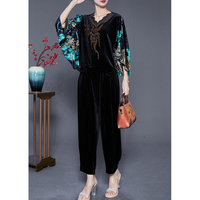 Modern Black Print Zircon Silk Velour Two Pieces Set Batwing Sleeve