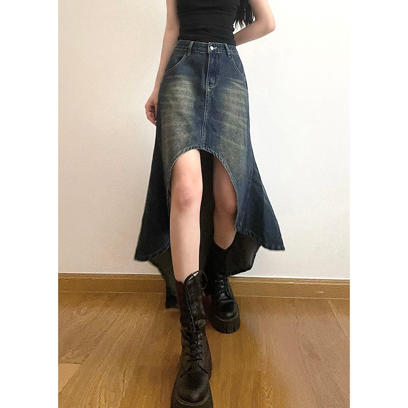 Modern Blue Pockets Asymmetrical Patchwork Denim Skirts Summer