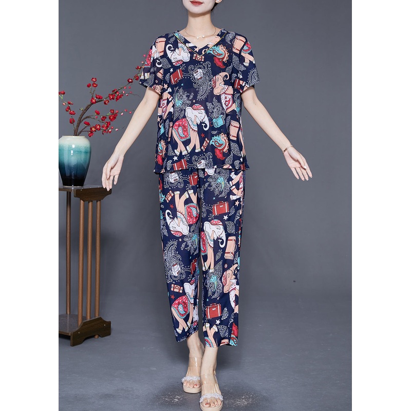 Plus Size Navy Elephant Print Chiffon Women Sets 2 Pieces Summer