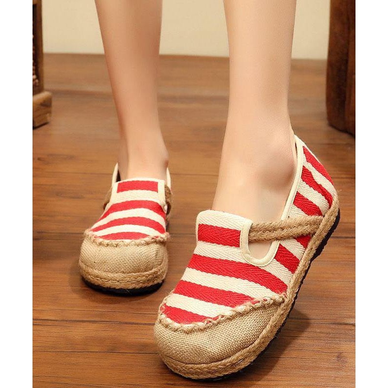 Red Striped Patchwork Flat Feet Shoes
