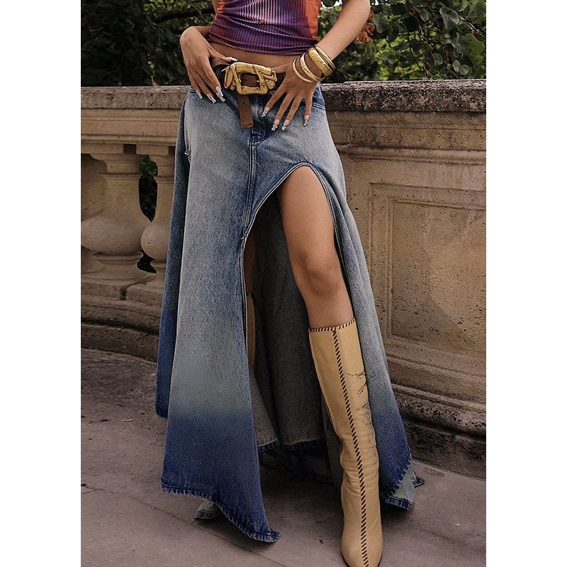 Sexy Blue Pockets Front Open Patchwork Denim Skirts Fall
