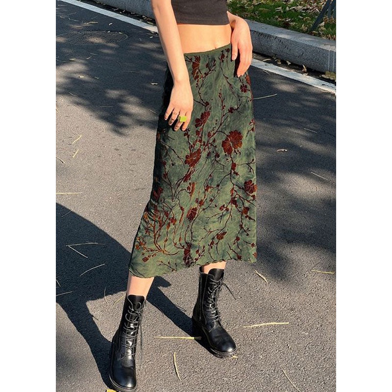 Slim Fit Green Print Patchwork Cotton Straight Skirts Fall