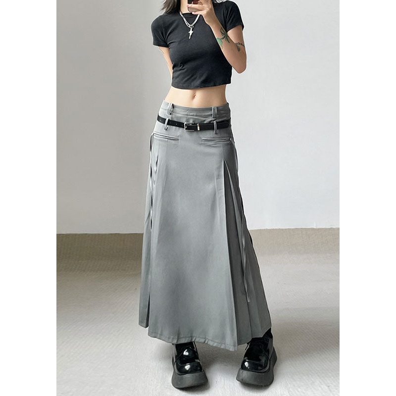 Streetwear Grey Wrinkled Tie Waist Patchwork Cotton Long Skirts Fall