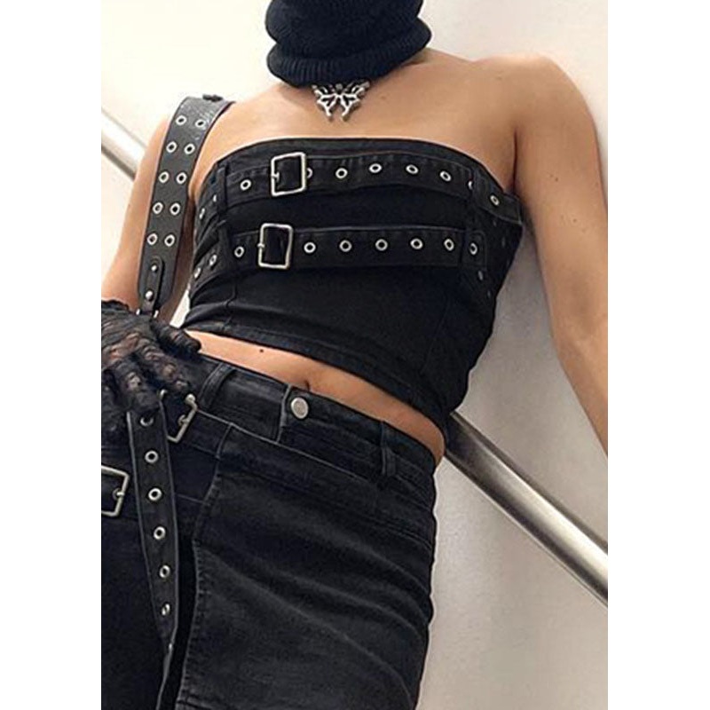 Style Black Tunic Patchwork Denim Strapless Tank Tops Sleeveless