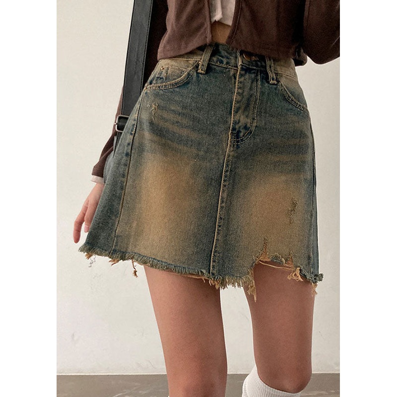 Style Gradient Color Pockets Asymmetrical Patchwork Denim Skirts Fall