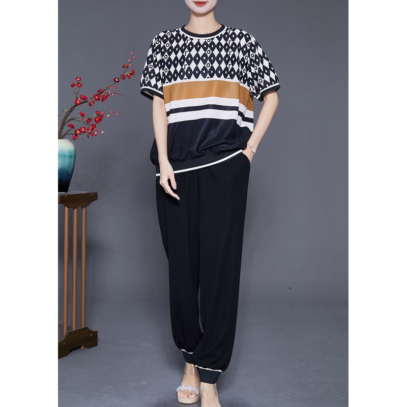 Stylish Black Oversized Print Chiffon Two Pieces Set Summer