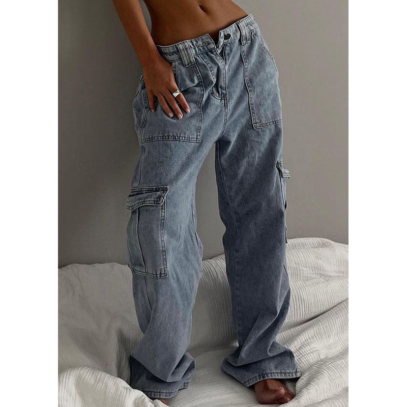 Stylish Blue Pockets Elastic Waist Patchwork Denim Wide Leg Pants Fall