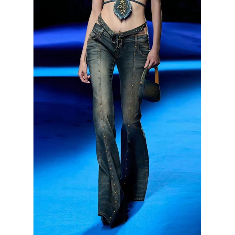 Stylish Blue Pockets Rivet Patchwork Denim Flare Bottoms Fall