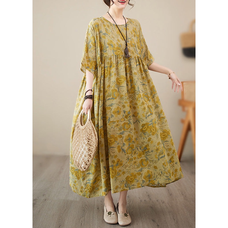 Stylish Yellow O-Neck Print Chiffon Vacation Long Dress Short Sleeve