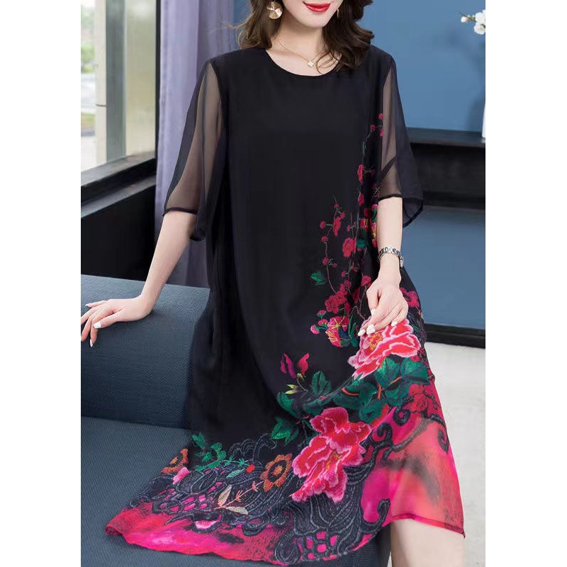 Unique Black O Neck Floral Print Patchwork Chiffon Dresses Summer