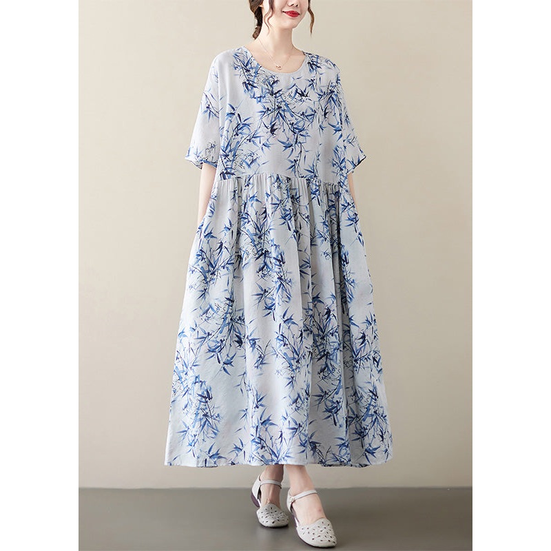 Vintage Blue Print Wrinkled Patchwork Robe Dresses Summer