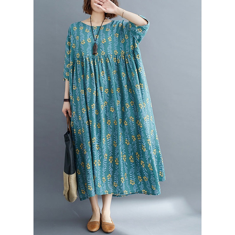 Vintage Green Patchwork Wrinkled Cotton Vacation Long Dresses Summer