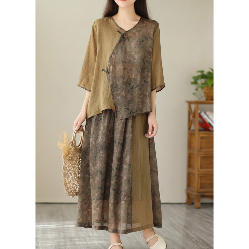 Vintage Khaki Print Linen Top And A Line Skirts Two Pieces Set Summer