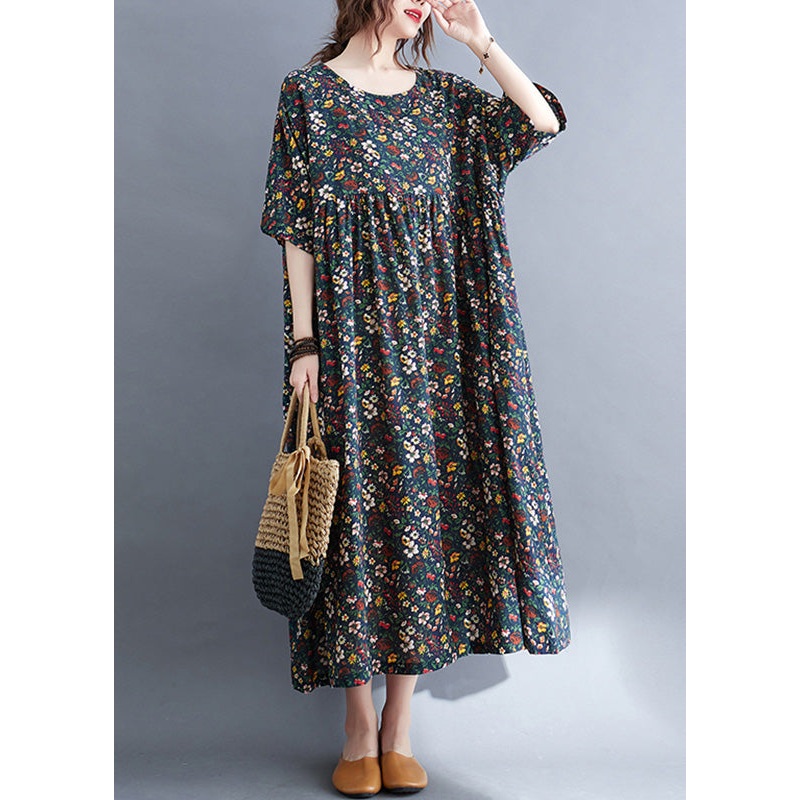 Vintage Navy O-Neck Patchwork Cotton Party Maxi Dress Summer
