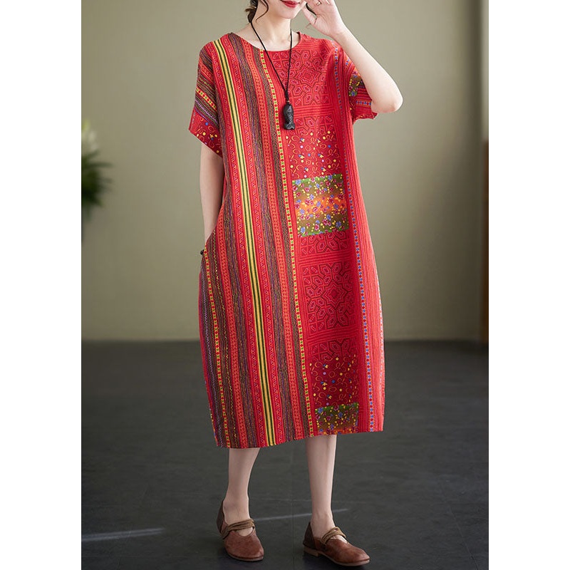 Vintage Red O Neck Print Patchwork Linen Mid Dresses Summer