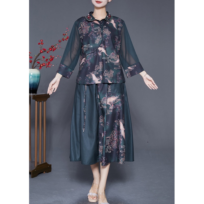 Women Blackish Green Embroideried Patchwork Print Silk Two Pieces Set Summer