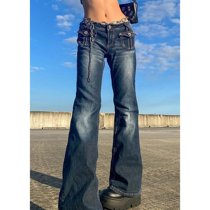 Women Blue Pockets Patchwork Fashion Denim Flared Trousers Fall