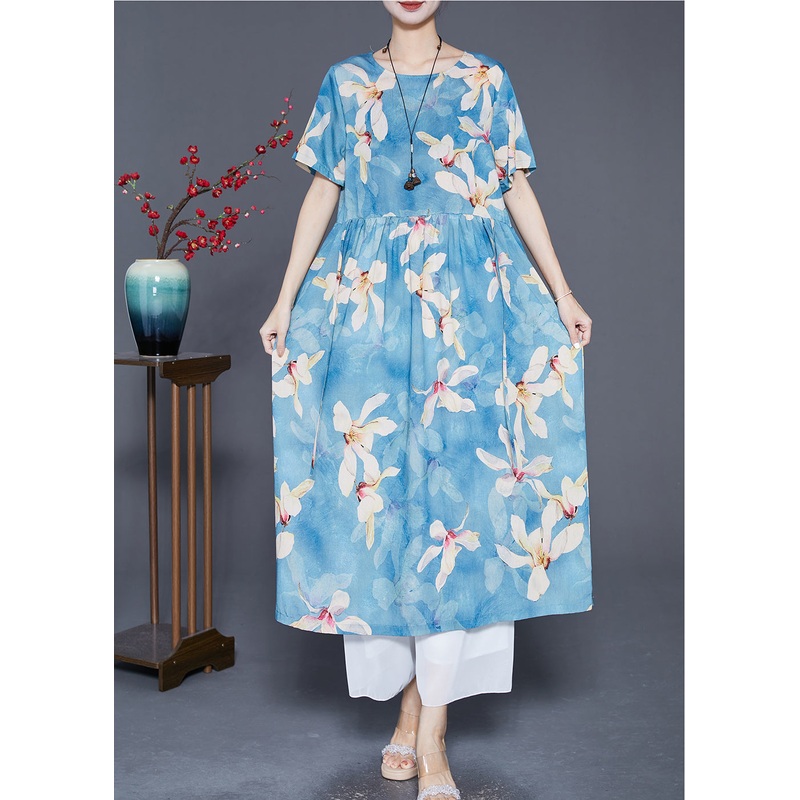 Women Blue Print Exra Large Hem Linen Vacation Dresses Summer