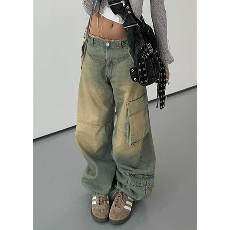 Women Gradient Color Pockets Patchwork Denim Wide Leg Pants Summer