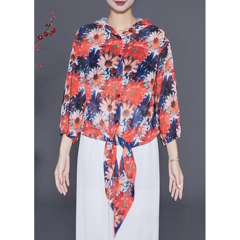 Women Orange Hooded Floral Chiffon UPF 50+ Top Summer