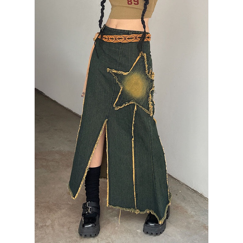 Women Yellow Asymmetrical Open Five-Pointed Star Patchwork Denim Skirt Fall