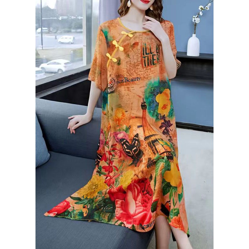 Women Yellow Print Chinese Button Patchwork Silk Dress Summer