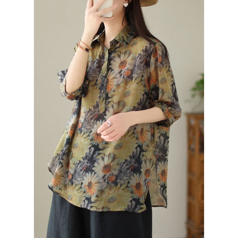 Yellow Print Patchwork Cotton Top Peter Pan Collar Button Summer