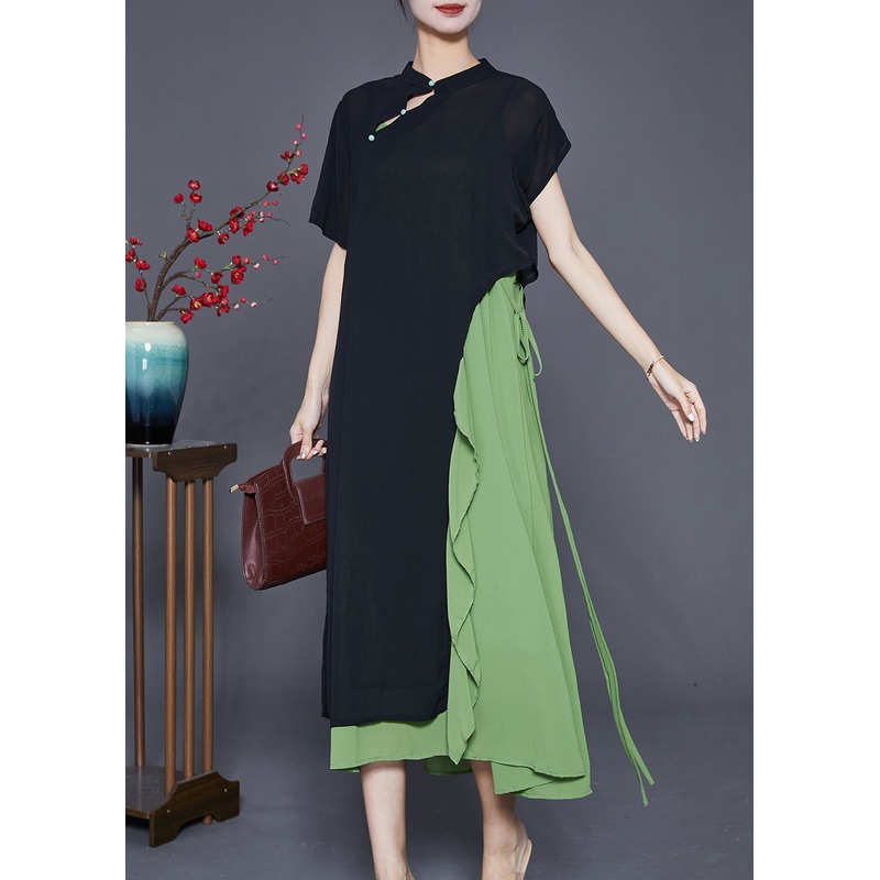 Art Black Asymmetrical Patchwork Ruffles Silk Fake Two Piece Dresses Summer