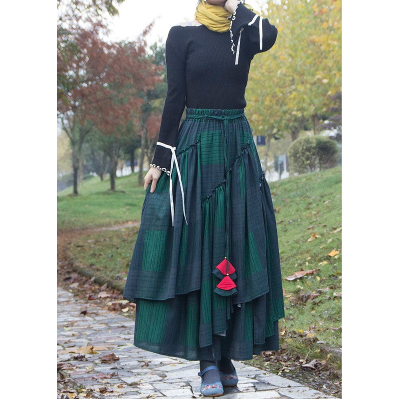 Art Blackish Green Plaid Wrinkled Asymmetrical Patchwork Cotton Skirt Fall