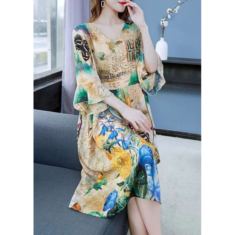 Art Khaki V Neck Print Wrinkled Patchwork Chiffon Dress Butterfly Sleeve