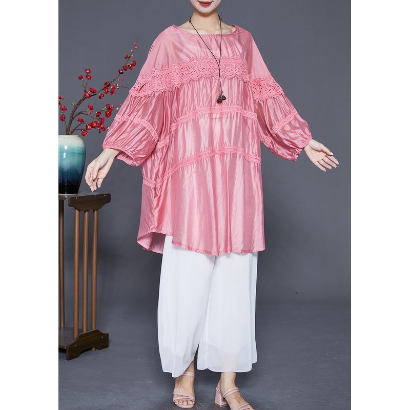 Art Pink Oversized Lace Patchwork Chiffon Vacation Dress Summer