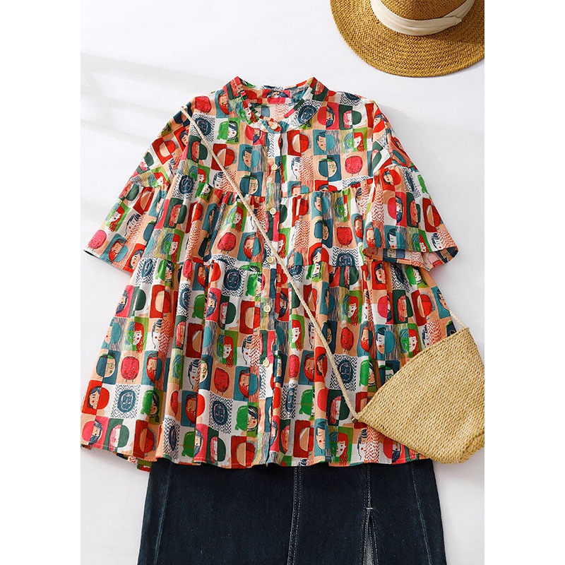 Art Red Print Wrinkled Patchwork Linen Blouse Tops Summer