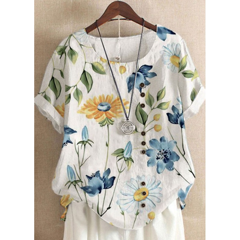 Art Yellow Print O Neck Patchwork Linen T Shirts Top Summer