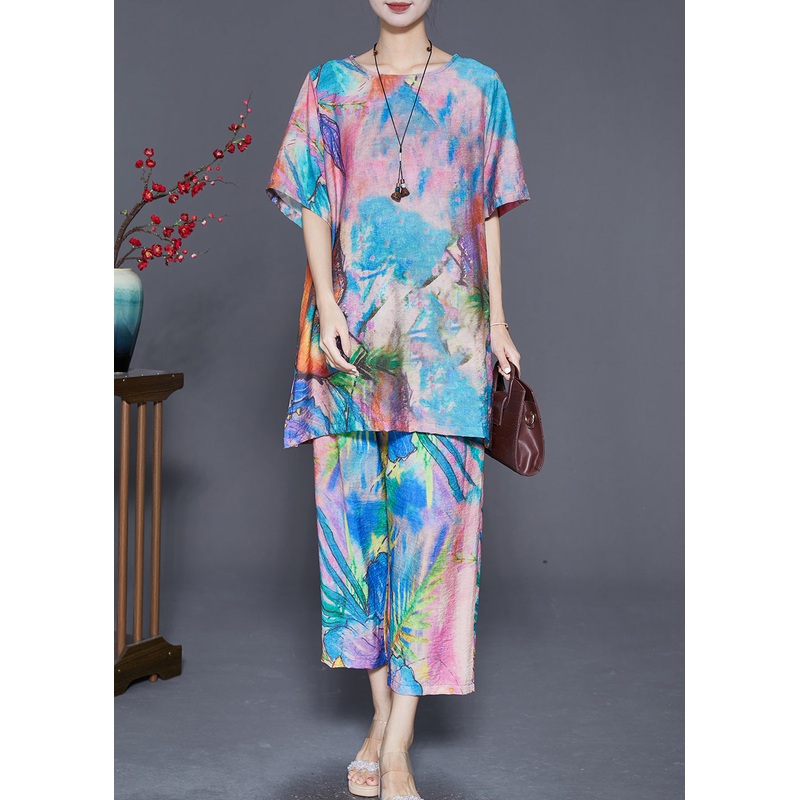 Beautiful Blue Butterfly Tie Dye Linen Silk Two Piece Set Outfits Summer