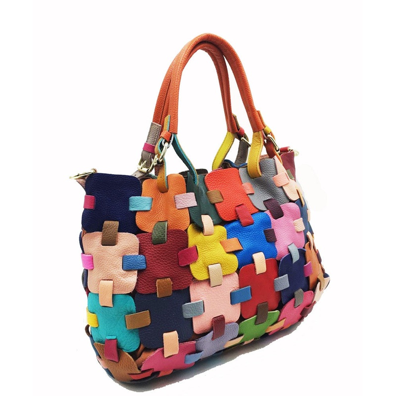Beautiful Multicolour Patchwork Zippered Calf Leather Tote Handbag