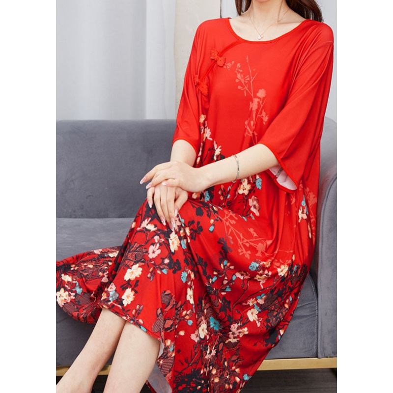 Beautiful Red O Neck Print Chinese Button Patchwork Chiffon Dress Summer
