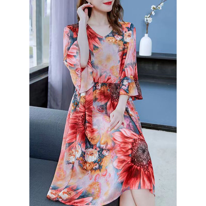 Beautiful Red The Sunflowers Print Patchwork Chiffon Dresses Butterfly Sleeve