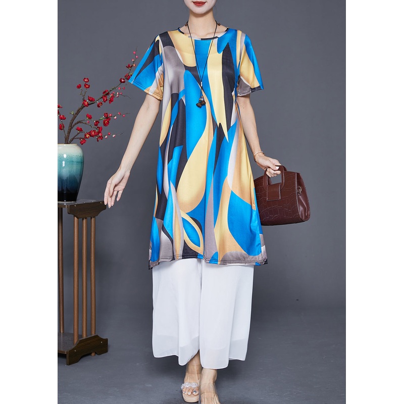 Black Blue Print Ice Silk Holiday Dress Oversized Draping Summer