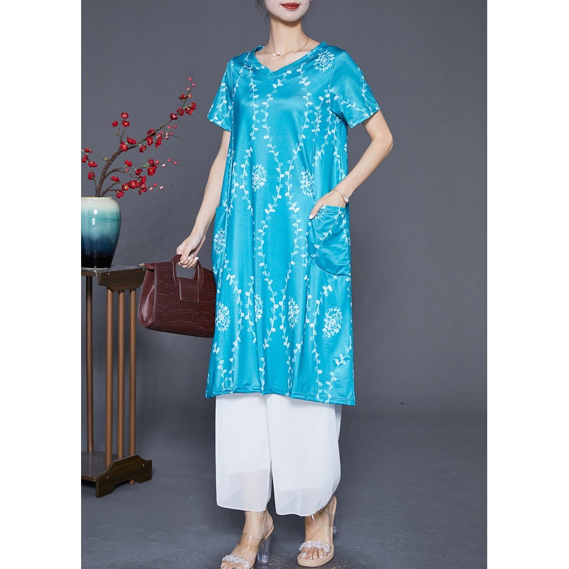 Blue Print Chiffon Holiday Dress V Nec Pockets Summer