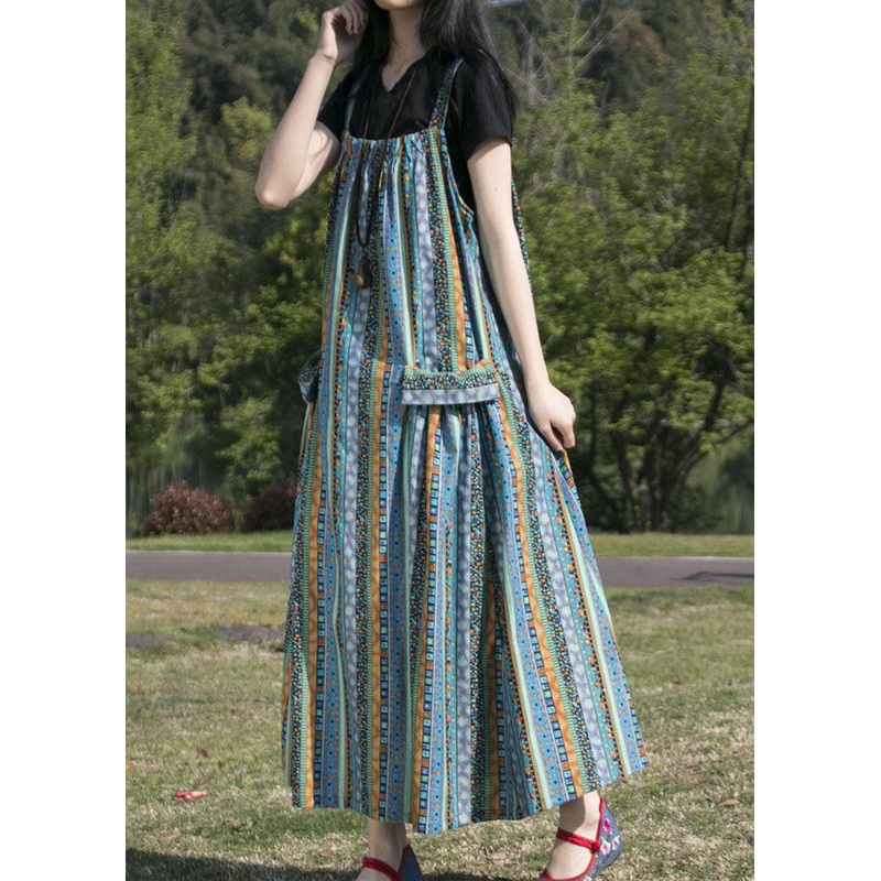Blue Striped Pockets Patchwork Cotton Spaghetti Strap Dress Fall
