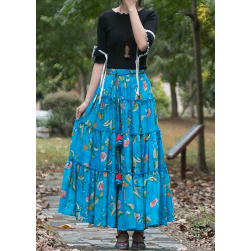 Bohemian Blue Cinched Print High Waist Patchwork Cotton Skirts Summer