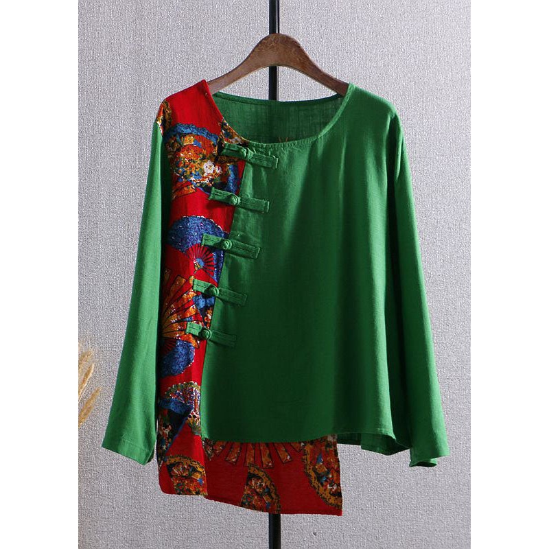 Bohemian Green Print Asymmetrical Button Patchwork Cotton Top Long Sleeve